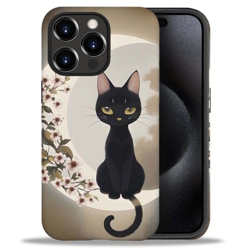 yicomon Compatible with iPhone 15 Pro Case, Moon and Black Cat Pattern Print Phone Case Durable Fashion Funny Liquid Silicone Case Soft Anti-Scratch Shockproof Protective Cover
