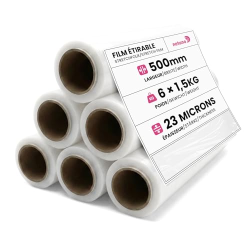 Netuno 6 rouleaux de film étirable transparent 23 microns 500mm 1,5kg film pour palettes emballage étirable rouleau de plastique extensible pour emballer...