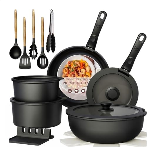 Image of House of Quirk 21 Pcs Maifan Stone Non Stick Ceramic Cookware Set | Pots & Pans with 2 Detachable Handles | Removable Handle RV Kitchen Cooking Set | Oven Safe, Induction Ready, Stackable (Black)