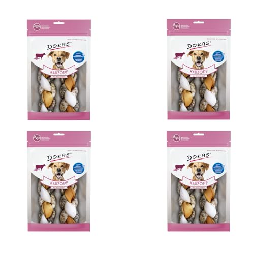 Dokas Kauzopf mit Fischhaut | 4er Pack | 4 x 120 g | Kausnack für Hunde | Rinderhaut und Fischhaut zum perfekten Kauspaß geflochten | Zur Unterstützung der täglichen Zahnpflege