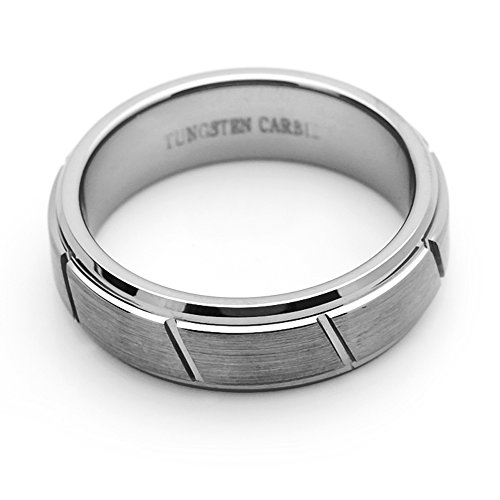 Double Accent 7Mm Comfort Fit Tungsten Carbide Wedding Band Diagonal Grooves Brushed Center Tungsten Ring (5 To 15), 10 #TOP2