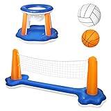 Luckxing Pool-Basketball- & Volleyball-Sets Wasserspiel Floating Hoops, Aufblasbare Pool Float-Set Aufblasbar Pool Volleyballnetz Basketballkorb Pool Wassersport Spielzeug Für Kinder und Erwachsene