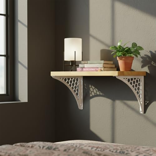 Image of Wall Shelf with Wooden Top Black|White Iron Brackets Storage Rack|Industrial Wall-Mounted Floating Shelf for Living Room,Kitchen,Bathroom (White Hexagon Small)