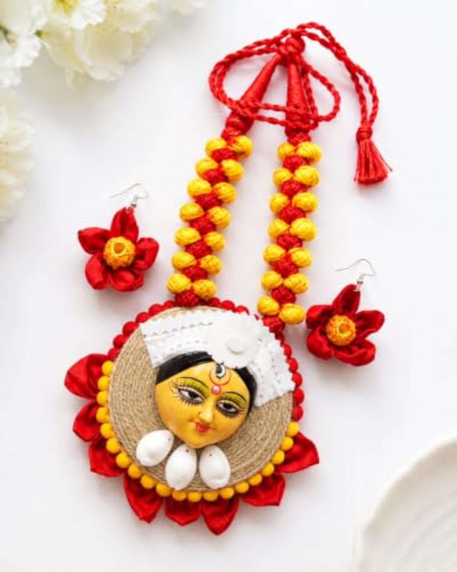 Handmade Yellow Red Mata Durga Necklace Set for Women
