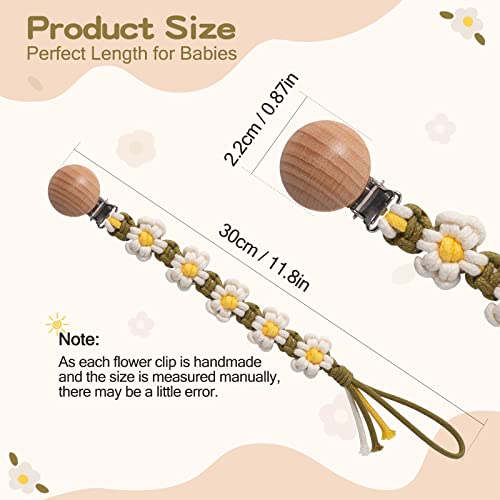 Image of Pacifier Clip for Boys Girls Floral Daisy Macrame Paci Clip Pacifier Holder Leash Boho Wooden Clips Handmade Braided Cotton Unisex Baby Shower Birthday Gift