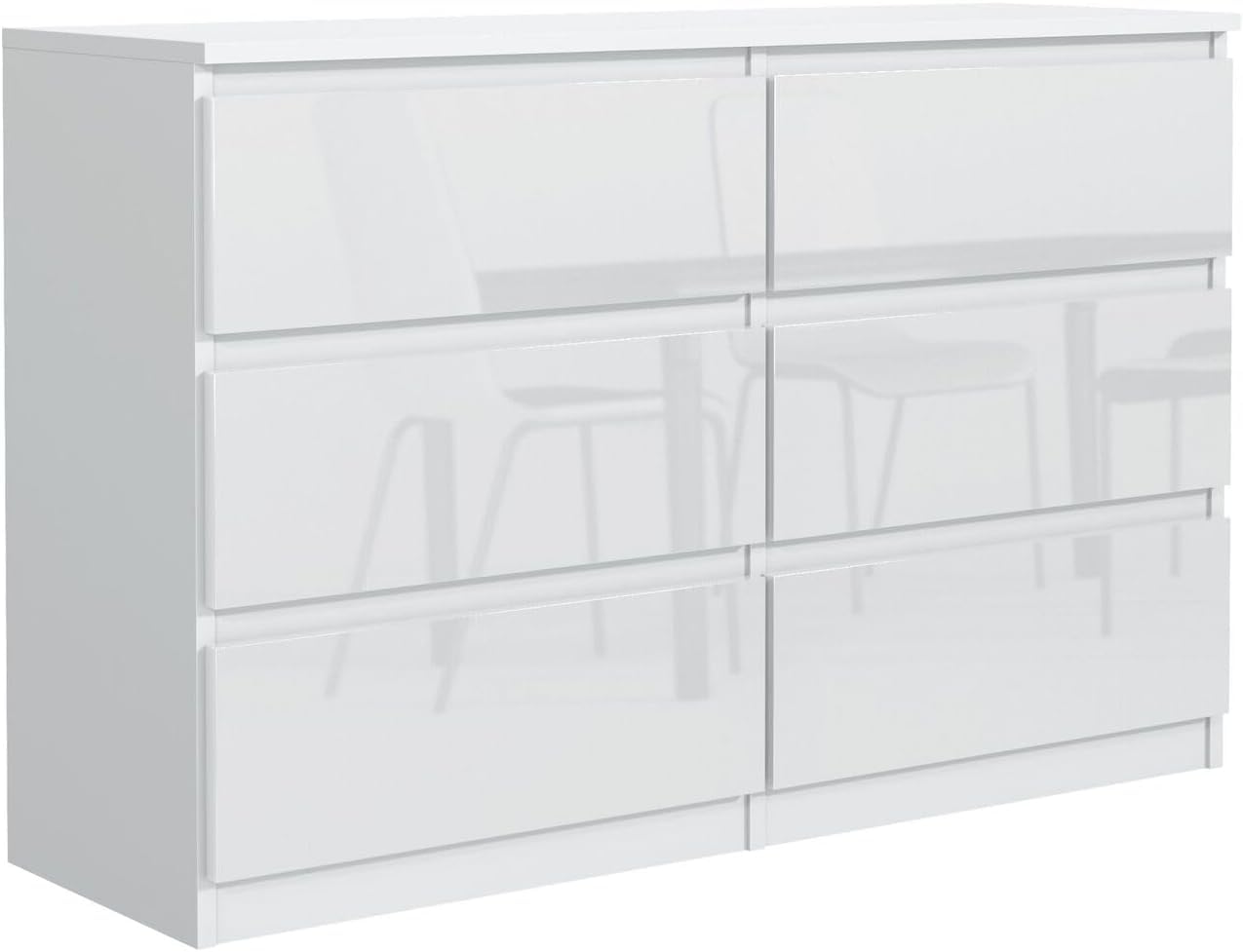 meble masztalerz Komoda Biała z 6 szufladami - Fronty w połysku - 138,5x78,5x39 cm - Komoda do salonu, sypialni - Szafka z szufladami - Komoda z szufladami