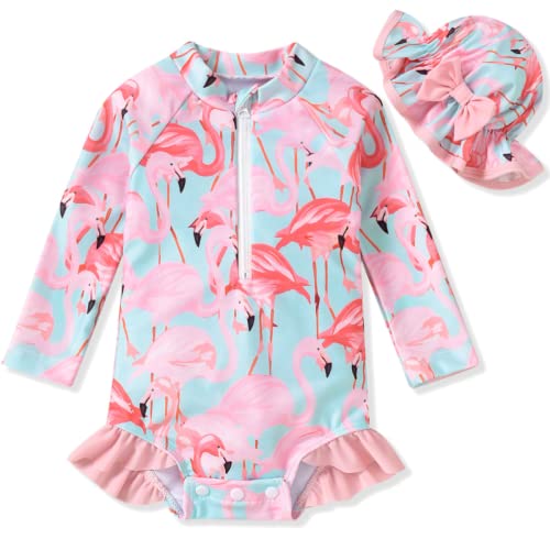 Newborn Infant Baby Girls One Piece Long Sleeve Swimsuit Flamingo Bathing Suit Zip Up Swimwear Beach Wear NB Pink