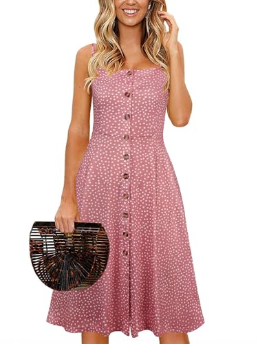 Image of Berydress Women's Casual Beach Summer Dresses 2026 Solid Cotton Flattering A-Line Spaghetti Strap Button Down Midi Sundress