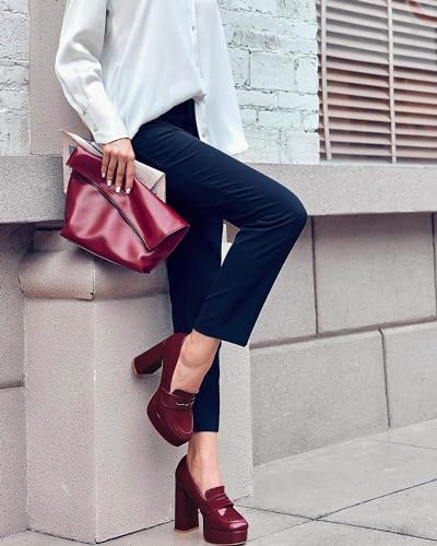 Image of Coutgo Womens Platform Heels Loafers Chunky High Heel Closed Toe Patent Leather Shoes Penny Loafer Business Dress Work Pumps