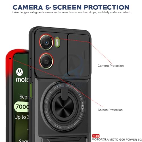 Image of AESTMO Moto G06 Power 5G Back Cover | Armor Camera Slider 360 Degree Rotating Finger Ring Holder Case with Bracket Stand Back Case Cover (Compatible with MagSafe Accessories) (Black)