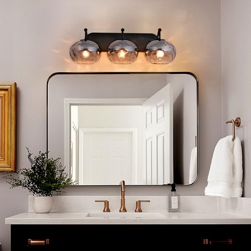 Image of 23 inch Matte Black Vanity Light Smoked Hammered Glass Wall Sconce 3-Light Grey Lampshade Wall Lamp for Hallway Living Room Stairwell Bathroom Over Mirror