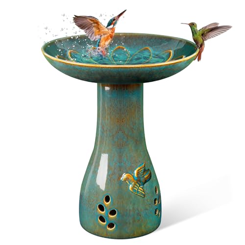 COLOAPT Bird Bath for Outside, 21.5 Inch Height Ceramic Bird Bath, Durable Hand Painted Bird Bath Bowl Detachable, Lawn Yard Garden Decor Bird Bath - Kiln Glazed Blue