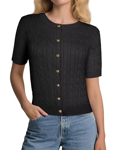 Image of GRACE KARIN Short Sleeve Cardigans Sweater for Women Black Cable Knit Button Up Fall Cardigan Dressy Casual Shrug S