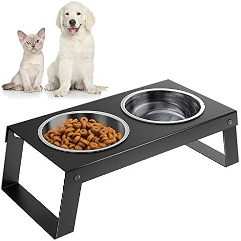 Pawaboo Elevated Dog Bowl, Foldable Metal Food Stand Stainless Steel Dog Food Water Feeding 2 Bowls, with Non-slip Mat Collapsible Pet Bowl, No Spill Raised Pet Bowls for Small Dog and Cat, Black Cover