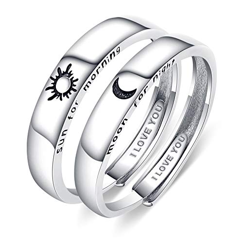 Image of Beydodo 925 Silver Rings Custom Adjustable Sun and Moon Matching Rings Engraved I Love You Couples Rings Wedding