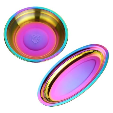 BISDARUN Plate Steamer Set,2 Pieces Metal Oval Shape Plate&Round Soup Pot, Steamed Fish & Seafood Plates Vegetable Bowl,Shushi Pastry Appetizer Restaurant Serving Tray Rainbow Color, A351+A347 Cover
