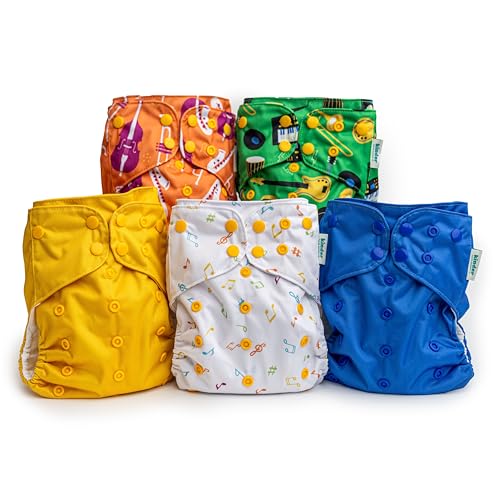 Image of Kinder Cloth Diapers Set of 5 Reusable Baby Diapers Pocket Style Athletic Wicking Jersey, Newborn to Potty 7-60lbs, One Size, Inserts NOT Included (Music Tunes)