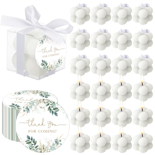 MTLEE 24 Sets Greenery Wedding Favors Party Candle Small Bubble Candle Favors for Guests Tea Candles Bulk with Stylish Ribbons Cards Gifts for Bridal Shower(White Leaves)