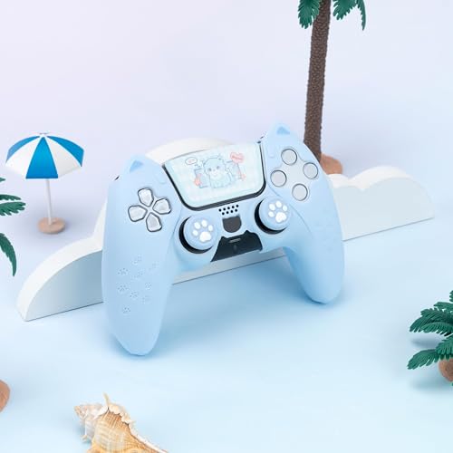 Image of GeekShare Cute Cat Paw PS5 Controller Skin Set Anti-Slip Silicone Protective Cover Skin Case for PS5 Wireless Controller with 2 Thumb Grip Caps and 1 Sticker (Blue)