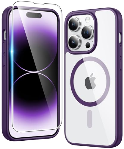 Image of FNTCASE for iPhone 14 Pro-Max Case: Clear Magnetic Phone Cases with Screen Protector Compatible with Magsafe Slim Anti Yellowing Rugged Shockproof Protective Transparent Cell Phone Cover (B-Purple)