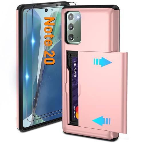 for Samsung Galaxy Note 20 Case with Card Holder and (2 Pcs) HD Screen Protector, Slim Heavy Duty Dual Layer Shockproof Design & Hidden Card Slot Wallet Case for Galaxy Note 20 Case-Rose Gold
