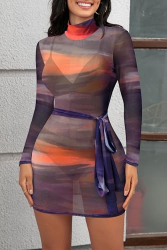 Sexy Long Sleeve Midi Dress for Women Sheer Mesh Printed Crew Neck Bodycon Party Clubwear See Through Dresses