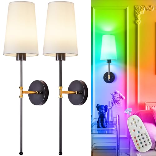 Image of Depuley Battery Operated Wall Sconce: 27 inch Set of 2 Wireless Wall Lights with Remote for Bedroom - Rechargeable 15 Colors Black and Gold Wall Lamp for Living Room Hallway Decor