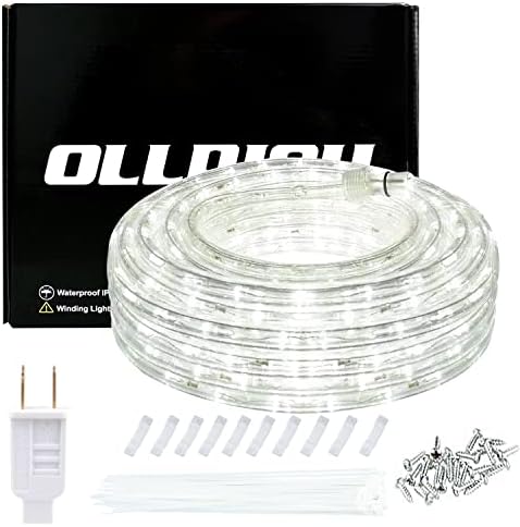 ollrieu 50ft Rope Lights Outdoor Waterproof,Daylight White LED Rope Lighting Indoor,Connectable,Plug-in 110V 6000K 360 LEDs,Flexible Light String for Patio Bedroom Camping Ceiling