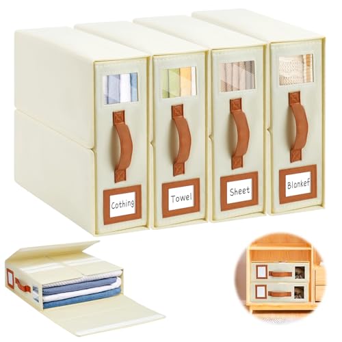 MOAMUN 4 Organizador Sabanas, Plegable Organizador Armario Ropa Organizer Cajas Organizadoras con Etiquetas y Ventana, Cajas Organizadoras Armarios para Fundas Nórdicas Toallas Mantas