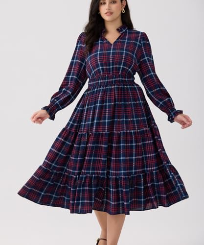 RITERA Plus Size Dresses Women Casual Fall Maxi Boho A Line Long Sleeve Ruffle V Ruffle V Neck Dress with Pocket XL-5XL2