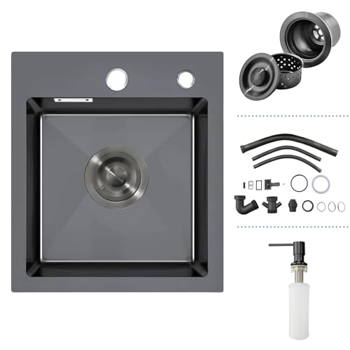 40×40cm Fregadero Cocina Negro Gris, Fregadero Cocina 1 Seno sobre Encimera ou Empotrado, Fregadero Negro 1 Seno Inox con Desbordamiento y Sifon, Dosificador de Jabón