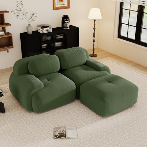 Yihomfy Canapé d'angle Modulaire Désossé, Velours côtelé Canapé 2 Places et 1 Pouf, Configuration Libre, Small Canapé en L de Salon, sans Montage