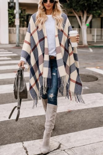 Image of Bestshe Women's Boho Open Front Poncho Plaid Shawl Wrap Cape