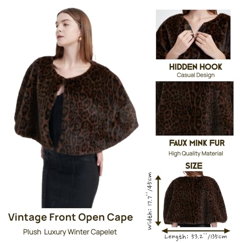 Women Leopard Faux Mink Fur Shawl Vintage Front Open Plush Shoulder Cape Luxury Winter Capelet3