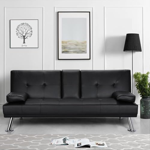 Zhyilut 3er-Sofa Schlafsofa Couch mit Tassenhalter Gästebett,Kunstleder,Rückenlehne neigbar 105°/140°/180°, 167 x 81,5 x 75 cm (schwarz)