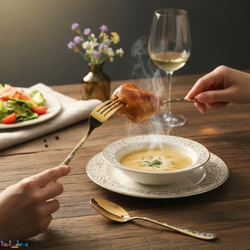 Image of Floral Gold 15 Pcs Stainless Steel Cutlery Set for Dining Table, Dishwasher Safe Glossy Flatware (3 Spoon Set+3 Forks Set+3 Butter Knife+3 Dessert Spoon+ 3 FruitFork)