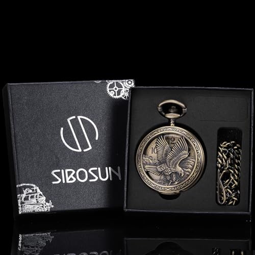 Image of SIBOSUN Eagle Design Pocket Watch with Chain Oversized 50MM 1.96 Inch Quartz Movement Arabic Numerals Half Hunter Cover Analog
