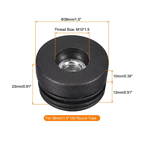 Image of uxcell 8Pcs Inserts for Round Tubes with M10 Thread, for 38mm /1.5 inch OD Round Tube, Round Black Plastic Plug Caster Insert Chair End Caps Furniture Leg Plug