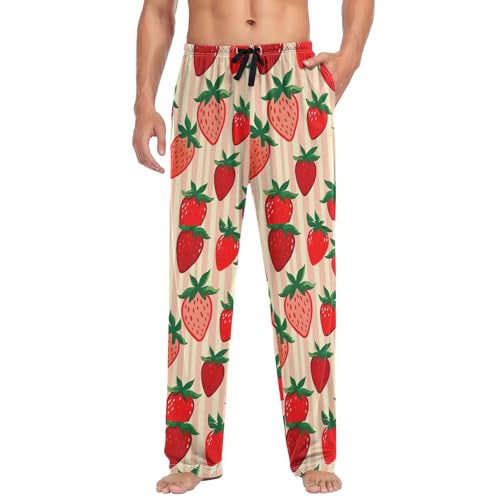 Men’s Strawberry Pattern Pajama Pants with Pockets, Comfortable Lounge Sleep Bottoms#3933
