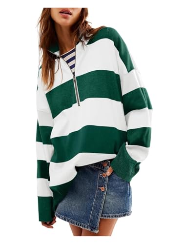 Striped Sweater Women Oversized Womens Sweaters Half Zip Pullover Women Turtleneck Cable Knit Sweater Long Sleeve(Green,Small)