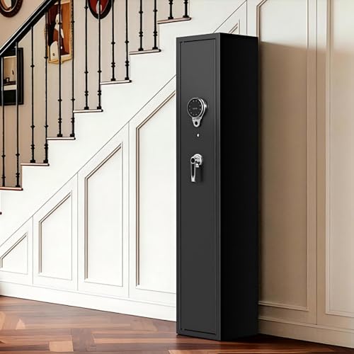 Image of KAER 2-3 Gun Safe Cabinet with Digital Keypad for Rifles & Pistols | Black anti-pry steel gun cabinet with digital keypad & spare keys, holds 2-3 guns with ammo shelf, wall /floor mountable