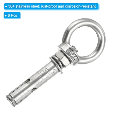 Image of PATIKIL Expansion Eye Bolt M6x50mm, 6 Pack 304 Stainless Steel Shoulder Anchors Eyebolt Screw with Eye Ring for Concrete Brick Walls Canopy Engineering Rigging Silver