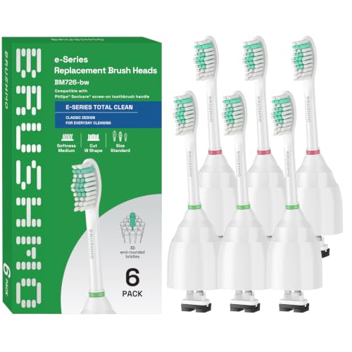 Image of Brushmo e-Series Total Clean Replacement Toothbrush Heads, Compatible with Philips Sonicare Screw-on Electric Toothbrush Handles, 6 Standard Heads, Medium Firm Dupont Bristles, BM726-bw, White