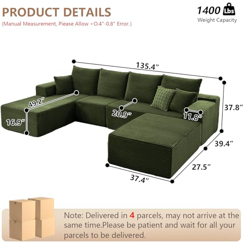 Image of 135.4 inchModular Sectional Sofa, Boneless Couch U-Shaped Sofa for Living Room | Cloud Couch Sectional with Ottoman, 4 Seater Deep Seat Memory Foam Compressed Sofa, No Assembly, Left-Facing Chaise, Green