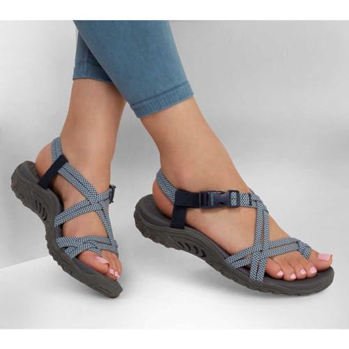 Skechers Women's REGGAE - IRIE MON -Multi strap toe thong sandal, Navy/Blue, 6