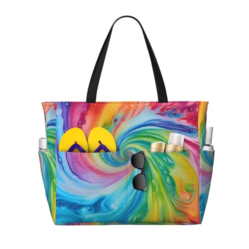 Colorful Tie Dye Beach Bag Swirl Art Pool Bag for Women Waterproof Large Travel Tote with Zipper Organizer for Swimming Vacation Essentials