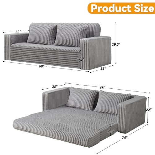 Image of HABUTWAY Folding Sofa Bed, 2 in 1 Convertible Sleeper Chair with 2 Pillows, Portable Fold Out Chair Bed with Armrest, Comfy Floor Couch, Lazy Sofa for Living Room Bedroom Dorm Home Office, Light Grey