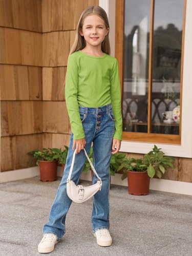 Image of Haloumoning Girls Long Sleeve Shirts Crewneck Ruched Side Slim Fit Tops Ribbed Knit Casual Tee Shirt 4-15 Years