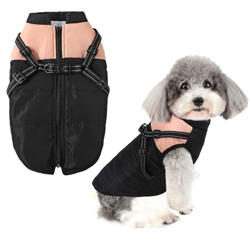 DICOCO 犬 服 秋冬 ハーネス付き 着脱簡単 犬 防風服 背中開き 犬 コートパピーサイズ有 犬の服 防水 子犬服(S-XXL)ノースリーブ ドッグウェア 犬 猫 防寒 暖かい 犬 コート服 反射テープ 牽引ロープハング可能(ピンクA、M)
