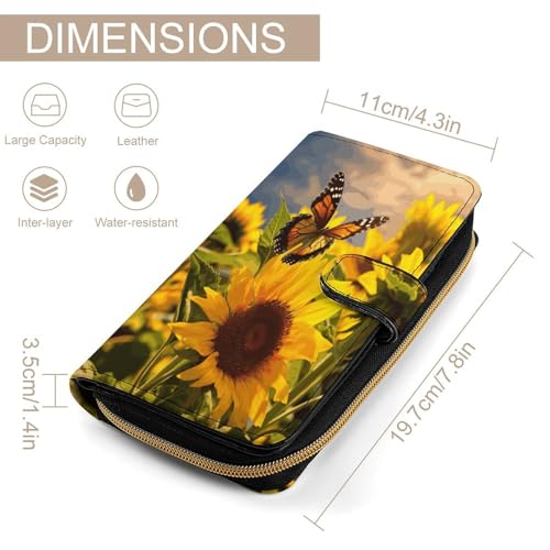 Womens Wallets Leather Ladies Wallet Large Sunflower Butterfly Printed Long Travel Clutch Wallet for Women2